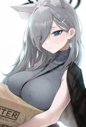 Rule 34 | 1girl, absurdres, animal ears, blue archive, blue eyes, box, breast rest, breasts, carrying, casual, covered erect nipples, earrings, grey hair, hair over one eye, highres, jacket, jewelry, kazane-wind, large breasts, long hair, open clothes, open jacket, ribbed sweater, shiroko (blue archive), solo, sweater, upper body, wolf ears