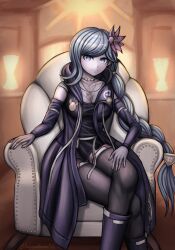 Rule 34 | 1girl, absurdres, aqua eyes, aqua hair, black dress, black jacket, black pantyhose, braid, braided ponytail, closed mouth, commentary, commission, couch, crossed legs, detached sleeves, dress, english commentary, fingerless gloves, flower, fubuki clockford, gloves, grey gloves, hair flower, hair ornament, highres, hood, hood down, hooded jacket, indoors, jacket, jewelry, long hair, looking at viewer, master detective archives: rain code, necklace, on couch, pantyhose, pink flower, randomnoisesart, sitting, sleeveless, sleeveless jacket, smile, solo, very long hair
