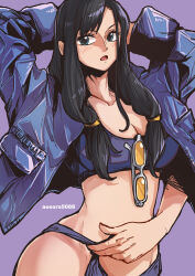Rule 34 | 1girl, alternate costume, alternate hairstyle, aosora2823, arms behind head, arms up, artist name, bikini, bikini tug, black hair, blue bikini, blue eyes, blue jacket, blush, breasts, cleavage, collarbone, commentary, cowboy shot, extra arms, eyewear hang, unworn eyewear, hana hana no mi, highres, jacket, large breasts, long hair, looking at viewer, nico robin, one piece, open clothes, open jacket, open mouth, parted bangs, purple background, sidelocks, simple background, solo, standing, stomach, sunglasses, swimsuit, tinted eyewear, yellow-tinted eyewear