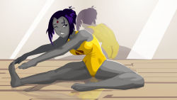 Rule 34 | 1girl, alternate costume, ass, barefoot, bindi, bob cut, breasts, colored skin, dc comics, exercising, forehead jewel, grey skin, highres, lady legasus, large breasts, leaning forward, leotard, mirror, mirror image, morganagod, purple hair, raven (dc), short hair, soles, solo, stretching, sweat, teen titans, toes, wince