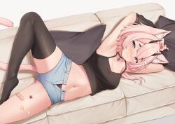 Rule 34 | 1girl, armpits, bandaid, bandaid on leg, black panties, black tank top, black thighhighs, blue eyes, blue gemstone, breasts, cat tail, catto (catnaps), choker, cleavage, closed mouth, commission, couch, fang, gem, highres, horns, indie virtual youtuber, jewelry, lying, medium breasts, midriff, navel, necklace, on couch, on side, open fly, panties, panty peek, pillow, pink fur, pink hair, short shorts, shorts, sleepypudding, solo, spread legs, sticker on leg, tail, tank top, thighhighs, thighs, unbuttoned, underwear, virtual youtuber, white background