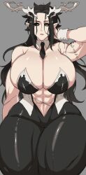 Rule 34 | 1girl, absurdres, arm up, bare shoulders, between breasts, between pectorals, black hair, black necktie, black sclera, breasts, cameltoe, cleavage, colored sclera, cowboy shot, curvy, detached collar, facing viewer, female focus, forehead, highres, horns, huge breasts, lips, long hair, looking at viewer, muscular, muscular female, navel, necktie, necktie between pectorals, picco, pointy ears, shiny skin, sidelocks, skin tight, skindentation, solo, strapless, tattoo, arm tattoo, thick thighs, thighs, wide hips, yellow eyes