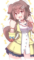 1girl :d absurdres animal_ears blush bone_hair_ornament braid breasts brown_eyes brown_hair cartoon_bone cleavage clenched_hands collar collarbone commentary_request cowboy_shot dog_ears dog_girl dog_tail dress fangs hair_ornament hair_over_shoulder hands_up highres hololive inugami_korone inugami_korone_(1st_costume) jacket long_hair low_twintails medium_breasts open_clothes open_jacket open_mouth red_collar simple_background smile solo standing tail thick_eyebrows twin_braids twintails umberblack v-shaped_eyebrows virtual_youtuber white_background white_dress yellow_jacket