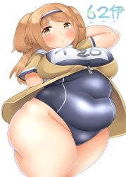 Rule 34 | 10s, 1girl, blush, breasts, brown eyes, brown hair, clothes writing, fat, fusa (starless2323), hairband, highres, huge breasts, i-26 (kancolle), kantai collection, light brown hair, long hair, looking at viewer, name tag, new school swimsuit, one-piece swimsuit, open clothes, sailor collar, school swimsuit, short sleeves, smile, solo, swimsuit, swimsuit under clothes, thick thighs, thighs, two-tone hairband, two side up