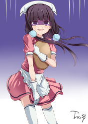 Rule 34 | 1girl, absurdres, apron, blend s, blunt bangs, blush, evil smile, frilled apron, frills, gloves, gradient background, hair ornament, head scarf, highres, holding, holding tray, long hair, looking at viewer, parted lips, pink shirt, pink skirt, puffy short sleeves, puffy sleeves, purple background, purple eyes, purple hair, sakuranomiya maika, shaded face, shirt, short sleeves, signature, simple background, skirt, smile, solo, standing, thighhighs, tray, uniform, waist apron, waitress, white apron, white background, white gloves, white thighhighs