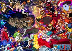 Rule 34 | 5girls, 6+boys, black hair, black maria (one piece), brook (one piece), club (weapon), commentary request, copyright name, everyone, facial hair, fat, fat man, father and daughter, fighting, formal, franky (one piece), gradient hair, green hair, haki, hat, highres, horns, jack (one piece), japanese clothes, jinbe (one piece), jumping, kaidou (one piece), katana, king (one piece), logo, long hair, monkey d. luffy, multicolored hair, multiple boys, multiple girls, muscular, mustache, nami (one piece), necktie, nico robin, official art, one piece, orange hair, page one (one piece), pink hair, queen (one piece), roronoa zoro, sanji (one piece), sasaki (one piece), scar, short hair, straw hat, suit, sword, tony tony chopper, trafalgar law, ulti (one piece), usopp, wavy hair, weapon, who&#039;s who (one piece), x drake, yamato (one piece)