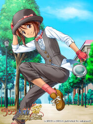 Rule 34 | 1girl, ankle socks, bowler hat, brick wall, brown eyebrows, brown eyes, brown footwear, brown hair, building, buttons, center frills, child, cloud, collar, collared shirt, commentary, copyright name, copyright notice, coquelicot (sakura taisen), day, dirt, dirt road, dress shirt, english text, fence, fingerless gloves, footwear ribbon, frills, game cg, gloves, grey hat, grey pants, grey vest, hair between eyes, hand on headwear, hat, holding, holding magnifying glass, lamppost, leg up, light blue sky, logo, looking at viewer, magnifying glass, mandarin collar, nagara, necktie, official art, pants, park, pink gloves, pink necktie, pink socks, ribbon, road, sakura taisen, sakura taisen iii, sega, shirt, shoe soles, short hair, side slit, sidelocks, sleeves past elbows, smile, socks, solo, straight-laced footwear, tree, vest, white collar, white ribbon, white shirt, white sleeves, window