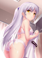 Rule 34 | 1girl, angel beats!, ass, back, bare arms, bare shoulders, blush, bra, breasts, chestnut mouth, commission, cowboy shot, curvy, expressionless, eyes visible through hair, frilled bra, frilled panties, frills, from below, hair between eyes, half updo, hand up, highres, holding, holding clothes, holding shirt, indoors, long hair, looking at viewer, looking back, medium breasts, open mouth, panties, shiny skin, shirt, sidelighting, sidelocks, skeb commission, solo, standing, straight hair, tenshi (angel beats!), thighs, third-party source, underwear, underwear only, undressing, unworn shirt, very long hair, white bra, white hair, white panties, yellow eyes, zen (kamuro)