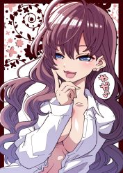 Rule 34 | 1girl, :3, ahoge, blue eyes, blush, breasts, brown hair, cleavage, commentary request, dress shirt, earrings, eyes visible through hair, hanauna, highres, ichinose shiki, idolmaster, idolmaster cinderella girls, jewelry, lips, long hair, long sleeves, looking at viewer, medium breasts, open clothes, open mouth, open shirt, shirt, smile, solo, translation request, wavy hair