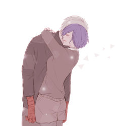 Rule 34 | 1boy, 1girl, bad id, bad pixiv id, black shirt, breasts, brown shorts, brown sweater, colored skin, commentary request, cowboy shot, from side, grey hair, happy, height difference, hetero, hug, kaneki ken, kirishima touka, medium breasts, pantyhose, purple hair, red skin, shirt, short hair, shorts, simple background, smile, sweater, tokyo ghoul, tokyo ghoul:re, toukaairab, white background