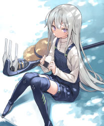 Rule 34 | 1girl, blouse, blue footwear, blue thighhighs, blush, boots, brown hat, closed mouth, commentary request, feet out of frame, food, full body, grey hair, hat, highres, holding, holding food, knees together feet apart, knees up, long hair, long sleeves, looking at viewer, onigiri, original, overall shorts, overalls, poco (asahi age), purple eyes, rake, shirt, sitting, solo, straw hat, thigh boots, thighhighs, very long hair, white shirt