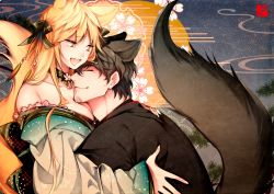 Rule 34 | 1boy, 1girl, animal ears, bare shoulders, black kimono, blonde hair, breasts, cleavage, closed eyes, closed mouth, commentary request, couple, fang, flower, from side, genderswap, genderswap (mtf), hair between eyes, hair ornament, happy, hetero, hug, izumi kouhei, japanese clothes, kimono, long hair, long sleeves, looking at another, off shoulder, open mouth, pepper fever, smile, tachikawa kei, tail, upper body, wide sleeves, world trigger, yellow eyes, yukata