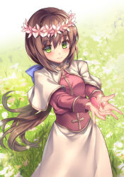Rule 34 | 1girl, acolyte (ragnarok online), aruma jiki, blue bow, blush, bow, breasts, brown hair, brown shirt, capelet, closed mouth, commentary request, cowboy shot, cross, flower, grass, green eyes, hair between eyes, hair bow, head wreath, heart, long hair, long skirt, looking at viewer, medium breasts, outstretched arms, pink flower, ponytail, ragnarok online, shirt, skirt, smile, solo, sparkle, white capelet, white flower, white skirt
