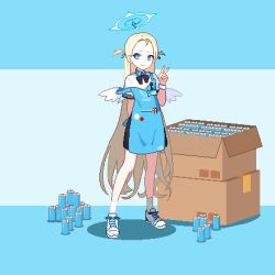 Rule 34 | absurdres, apron, blue apron, blue archive, box, can, cardboard box, convenience store, drink can, forehead, halo, highres, mini wings, part time job, pixel art, polo shirt, shop, solo, sora (blue archive), store clerk, v, white halo, white wings, whitte komett, wings