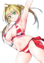 Rule 34 | 1girl, ahoge, arm up, armpits, bikini, blonde hair, breasts, cleavage, closed mouth, cloud, cloudy sky, criss-cross halter, fate/grand order, fate (series), green eyes, hair intakes, halterneck, hand on own hip, large breasts, long hair, looking at viewer, navel, nero claudius (fate), nero claudius (fate) (all), nero claudius (swimsuit caster) (fate), onsoku inu, outdoors, side-tie bikini bottom, simple background, sky, solo, stomach, striped bikini, striped clothes, swimsuit, white background