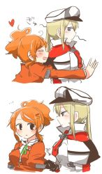 Rule 34 | 10s, 2girls, aquila (kancolle), black eyes, blonde hair, blush, clothes grab, comic, closed eyes, female focus, glomp, graf zeppelin (kancolle), hair between eyes, hair ornament, hairclip, hat, heart, high ponytail, hug, jacket, kantai collection, long hair, military hat, multiple girls, necktie, open mouth, orange hair, profile, rebecca (keinelove), sidelocks, sleeve grab, twintails, upper body, wavy hair, white background