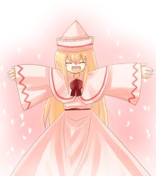 Rule 34 | 1girl, :d, ^ ^, bad id, bad pixiv id, blonde hair, blush, bow, bowtie, closed eyes, cowboy shot, dress, female focus, hat, lily white, long hair, long sleeves, open mouth, outstretched arms, pink background, pink dress, red bow, red bowtie, simple background, smile, solo, tate eboshi, touhou, very long hair, yuzuki (yuduame)