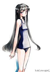 Rule 34 | 00s, 1girl, black eyes, black hair, blue one-piece swimsuit, frown, hairband, half-closed eyes, long hair, mike156, one-piece swimsuit, school swimsuit, simple background, skinny, solo, swimsuit, tohno akiha, tsukihime, very long hair, white background
