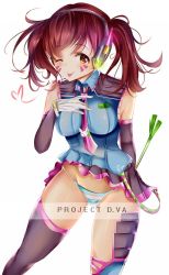 Rule 34 | 1girl, adapted costume, artist name, brown eyes, brown hair, cosplay, d.va (overwatch), facial mark, hand on own chest, hatsune miku, hatsune miku (cosplay), headphones, headset, heart, necktie, one eye closed, overwatch, overwatch 1, panties, pantyshot, project diva (series), rono, signature, simple background, solo, spring onion, standing, striped clothes, striped panties, thighhighs, twintails, underwear, vocaloid, whisker markings