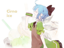 1girl alternate_costume blue_hair bow cirno closed_eyes dress female_focus food green_dress hair_bow ice ice_cream ice_wings md5_mismatch open_mouth puffy_short_sleeves puffy_sleeves resolution_mismatch shihou_(g-o-s) short_sleeves solo source_smaller touhou vest wings