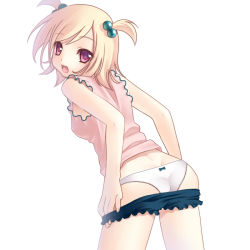 Rule 34 | 1girl, ass, bad id, bad pixiv id, blonde hair, from behind, hair bobbles, hair ornament, kagamine rin, looking back, nana mikoto, open mouth, panties, purple eyes, simple background, solo, underwear, undressing, vocaloid