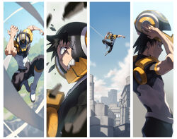 Rule 34 | 1boy, arm up, arms up, atmospheric perspective, black eyes, black hair, blurry, blurry background, blurry foreground, bodysuit, boku no hero academia, boots, broken helmet, building, cel shading, city, clenched teeth, cliff, closed mouth, cloud, collage, colored shoe soles, commentary, covered face, day, debris, floating hair, from side, frown, grass, hand up, helmet, highres, holding, holding helmet, knee boots, knees up, ladder, leaning forward, light, looking ahead, looking at viewer, male focus, midair, multiple views, mutation, outdoors, outstretched arm, profile, scowl, scratches, serious, sero hanta, shade, shards, short hair, short sleeves, shoulder pads, sideways mouth, skin tight, spiked hair, sunlight, tape, teeth, turtleneck, turtleneck bodysuit, water tank, white footwear, window, zinnkousai3850
