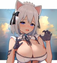 Rule 34 | 1girl, animal ears, blue eyes, blush, breasts, cat ears, cleavage, copyright request, fictional persona, gloves, highres, large breasts, looking at viewer, maid, maid headdress, open mouth, silver hair, solo, source request, upper body