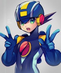 Rule 34 | 1boy, :o, absurdres, artist name, blue bodysuit, blue headwear, bodysuit, brown hair, commentary request, covered collarbone, covered navel, dated, double w, green eyes, grey background, hands up, helmet, highres, looking at viewer, male focus, mega man (series), mega man battle network, mega man battle network (series), megaman.exe, netnavi, open mouth, short hair, solo, teeth, twitter username, upper body, w, zero-go