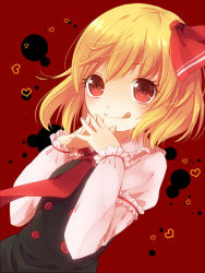 Rule 34 | 1girl, :q, bad id, bad pixiv id, blonde hair, bow, female focus, hair bow, hair ribbon, heart, long sleeves, looking at viewer, necktie, nunucco, red eyes, red necktie, ribbon, rumia, short hair, smile, solo, tongue, tongue out, touhou