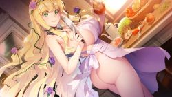 Rule 34 | 1girl, apron, ass, blonde hair, breasts, cabbage, carrot, dutch angle, covered erect nipples, flower, food, game cg, girls book maker ~grimm to sannin no ohime-sama~, green eyes, hair flower, hair ornament, highres, holding, holding food, holding knife, holding vegetable, ibara (girls book maker), indoors, kitchen knife, knife, large breasts, long hair, mushroom, naked apron, official art, plant, potato, raw meat, sideboob, smile, solo, table, twisted torso, vegetable, very long hair, vines