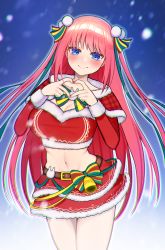 Rule 34 | :&gt;, absurdres, bare legs, bell, blue eyes, blunt bangs, blush, breasts, capelet, christmas, christmas tree hair ornament, cleavage, go-toubun no hanayome, hair ornament, heart, heart hands, highres, hime cut, kurosaki coco, large breasts, long hair, long sleeves, looking at viewer, midriff, nail polish, nakano nino, navel, pink hair, red capelet, red nails, red skirt, ribbon, simple background, skirt, snowing, solo, stomach