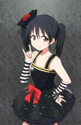 Rule 34 | 10s, 1girl, \m/, arm warmers, black dress, black hair, bow, dress, flower, hair flower, hair ornament, hair ribbon, hand on own hip, kidachi, layered dress, love live!, love live! school idol project, red eyes, ribbon, short hair, smile, solo, sparkle, striped, twintails, yazawa nico