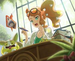 Rule 34 | 1girl, blurry, book, breasts, cleavage, collarbone, commentary request, creatures (company), cup, desk, eyelashes, eyewear on head, from below, game freak, gen 4 pokemon, gen 8 pokemon, green eyes, green nails, green shirt, hair ornament, hands up, heart, heart hair ornament, highres, holding, holding pen, hop (pokemon), hyoe (hachiechi), indoors, lab coat, long hair, long sleeves, mug, nail polish, nintendo, open mouth, orange hair, pen, pokemon, pokemon (creature), pokemon swsh, ribbed shirt, rotom, rotom phone, shirt, side ponytail, sonia (pokemon), sunglasses, teeth, themed object, tongue, upper teeth only, yamper
