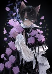 Rule 34 | 1boy, animal ears, artist name, black background, black bow, black bowtie, black cloak, black hair, black pants, bloodcat (babacatcat), bow, bowtie, cat boy, cat ears, cloak, cowboy shot, dark-skinned male, dark skin, eyelashes, flower, frayed clothes, frilled shirt collar, frilled sleeves, frills, hair over one eye, hand up, jewelry, looking at viewer, male focus, necklace, open mouth, original, pants, purple flower, purple rose, rose, shirt, short hair, sleeves past wrists, solo, sparkle, star (symbol), swept bangs, thorns, tight clothes, tight pants, white shirt