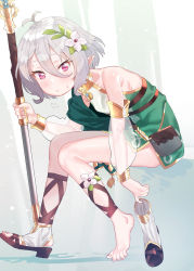Rule 34 | 1girl, ass, bare shoulders, barefoot, blush, breasts, feet, flower, greyscale, hair flower, hair ornament, holding, holding staff, kokkoro (princess connect!), looking at viewer, monochrome, pointy ears, princess connect!, purple eyes, sandals, unworn sandals, shoes, short hair, single shoe, sitting, small breasts, solo, staff, subachi, sweatdrop, toes