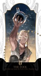 Rule 34 | 1boy, arm up, black shirt, blonde hair, character name, dirty, dirty clothes, dirty face, emmmerald, expressionless, fingernails, fullmetal alchemist, highres, image sample, long hair, looking up, male focus, open mouth, pants, ponytail, shirt, sleeveless, text focus, twitter sample, van hohenheim, white shirt, yellow eyes