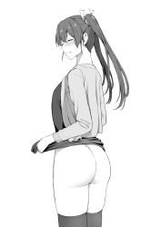 Rule 34 | 1girl, absurdres, ass, blush, closed eyes, closed mouth, clothes lift, dress, dress lift, greyscale, hair ribbon, highres, kantai collection, lifting own clothes, long hair, long sleeves, monochrome, open clothes, open shirt, ribbon, simple background, solo, takaman (gaffe), thighhighs, twintails, white background, zuikaku (kancolle)