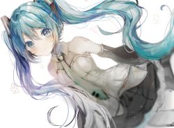 Rule 34 | 1girl, arms at sides, bad id, bad pixiv id, bare shoulders, black skirt, blue eyes, blue hair, blurry, blush, breasts, closed mouth, depth of field, detached sleeves, dutch angle, gradient neckwear, hair ornament, hatsune miku, highres, long hair, long sleeves, looking at viewer, necktie, ptmko d, shoulder tattoo, simple background, skirt, small breasts, smile, solo, standing, symbol-shaped pupils, tareme, tattoo, twintails, very long hair, vocaloid, white background
