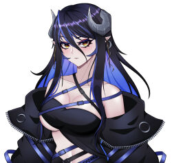 Rule 34 | 1girl, bandeau, belt, black bandeau, black belt, black hair, black jacket, black skirt, blue belt, blue hair, blush, breasts, brown eyes, chest belt, cleavage, closed mouth, collarbone, commentary, curled horns, demon girl, demon horns, earrings, english commentary, grey horns, hair between eyes, hebiyoi tier, hebiyoi tier (1st costume), horns, jacket, jewelry, large breasts, long hair, long sleeves, looking at viewer, multicolored hair, nanashi inc., navel, off shoulder, open clothes, open jacket, pendramon, pointy ears, sidelocks, simple background, skirt, solo, sugar lyric, two-tone hair, underboob, upper body, v-shaped eyebrows, virtual youtuber, white background