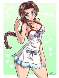 Rule 34 | 1girl, aerith gainsborough, artist name, bare arms, braid, breasts, brown hair, cleavage, crisis core final fantasy vii, dress, final fantasy, final fantasy vii, green background, green eyes, highres, jokarioart, large breasts, long hair, looking at viewer, one-piece swimsuit, parted bangs, short dress, sidelocks, smile, solo, square enix, swimsuit, upper body, v, white one-piece swimsuit