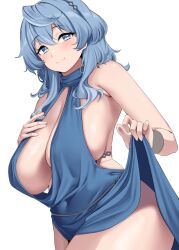 Rule 34 | 1girl, ako (blue archive), ako (dress) (blue archive), black hairband, blue archive, blue dress, blue eyes, blue hair, breasts, closed mouth, clothes lift, dress, dress lift, evening gown, hairband, highres, large breasts, lifted by self, looking at viewer, moisture (chichi), official alternate costume, sideless dress, sideless outfit, sleeveless, sleeveless dress, smile, solo, thighs