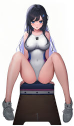 Rule 34 | 1girl, arms behind back, bare shoulders, black hair, blue eyes, blush, breasts, breasts apart, butterfly hair ornament, collarbone, competition swimsuit, covered navel, emblem, full body, gluteal fold, hair ornament, highres, knees up, large breasts, long hair, looking at viewer, m legs, one-piece swimsuit, original, parted lips, shoes, sidelocks, simple background, sitting, sneakers, solaris (sinhyg), solo, spread legs, straight-on, swimsuit, thighs, vaulting horse, very long hair, white background, white footwear, white one-piece swimsuit
