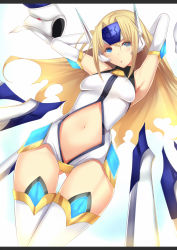 Rule 34 | 1girl, :o, armor, armpits, arms behind head, arms up, blazblue, blonde hair, blue eyes, clothing cutout, daiaru, elbow gloves, forehead protector, gloves, long hair, mu-12, navel, navel cutout, parted lips, solo, thighhighs, wings