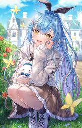 Rule 34 | 1girl, ahoge, blue hair, building, day, fang, frilled skirt, frills, hair between eyes, heart, heart ahoge, highres, hololive, long hair, looking at viewer, md5 mismatch, mirukurim, multicolored hair, open mouth, outdoors, pointy ears, ponytail, resolution mismatch, skin fang, skirt, solo, source larger, squatting, streaked hair, virtual youtuber, yellow eyes, yukihana lamy, yukihana lamy (casual)