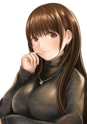 Rule 34 | 1girl, anegasaki nene, breasts, brown eyes, brown hair, jewelry, large breasts, long hair, love plus, nannacy7, necklace, simple background, solo, sweater, turtleneck, white background