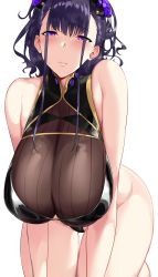 Rule 34 | 1girl, absurdres, bare shoulders, black one-piece swimsuit, blush, breasts, closed mouth, fate/grand order, fate (series), flower, hair flower, hair ornament, hair up, highleg, highleg swimsuit, highres, huge breasts, knatb, leaning forward, lips, long hair, looking at viewer, murasaki shikibu (fate), murasaki shikibu (swimsuit rider) (fate), murasaki shikibu (swimsuit rider) (first ascension) (fate), one-piece swimsuit, purple eyes, purple hair, simple background, solo, swimsuit, thighs, very long hair, white background