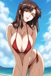 1girl beach breasts brown_hair gundam gundam_seed gundam_seed_destiny gundam_seed_freedom large_breasts looking_at_viewer murrue_ramius one_eye_closed swimsuit wet wink