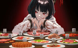 Rule 34 | 1girl, black hair, blood, cannibalism, chef, coat, food, grin, highres, limbus company, long sleeves, looking at viewer, meat, ootachi, plate, project moon, red eyes, red ribbon, ribbon, ryoshu (project moon), short hair, smile, solo, table, white coat, y0ru73
