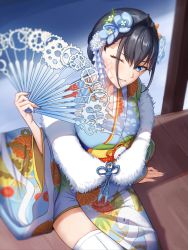 Rule 34 | 1girl, absurdres, black hair, blue eyes, blue nails, blush, fingernails, floral print, flower, folding fan, fur, hair bun, hair flower, hair intakes, hair ornament, hand fan, hand up, highres, holding, holding fan, hololive, hololive english, japanese clothes, kimono, looking at viewer, nail polish, new year, obi, official alternate costume, one eye closed, ouro kronii, ouro kronii (new year), parted lips, sash, shadow, short hair, single hair bun, single thighhigh, sitting, snake print, solo, thighhighs, thighs, virtual youtuber, white thighhighs, wide sleeves, wooden floor, zenya