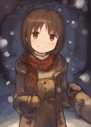 Rule 34 | 1girl, blush, brown eyes, brown hair, coat, holding hands, highres, kyuri, mittens, original, pov, scarf, sketch, smile, snowing, solo focus, winter clothes